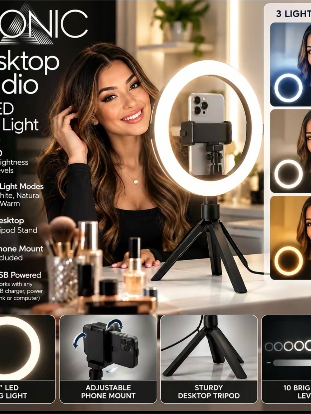 Desktop LED Ring Light with Phone Mount - Black